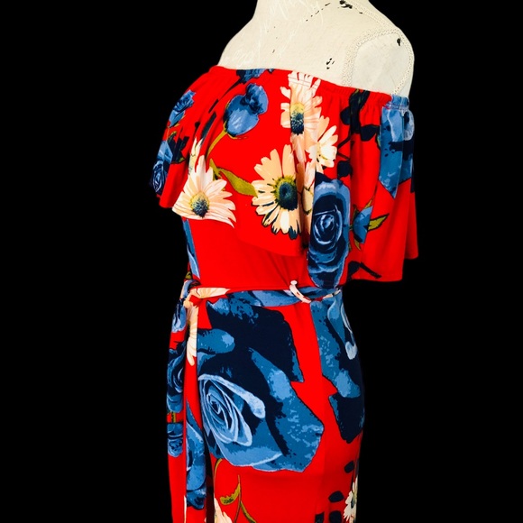 Red Floral Strapless Ruffle Flounce Top Belted Wide Leg Jumpsuit S - Picture 6 of 12